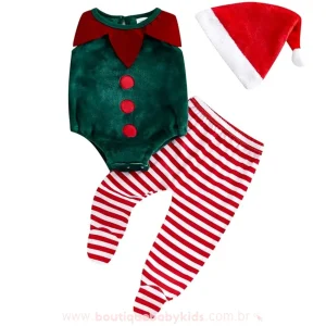 Body Bebê Elfo Natalino com Calça e Gorro