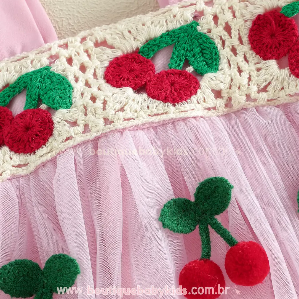 Romper Bebê Crochet Cereja com Faixa - Image 7